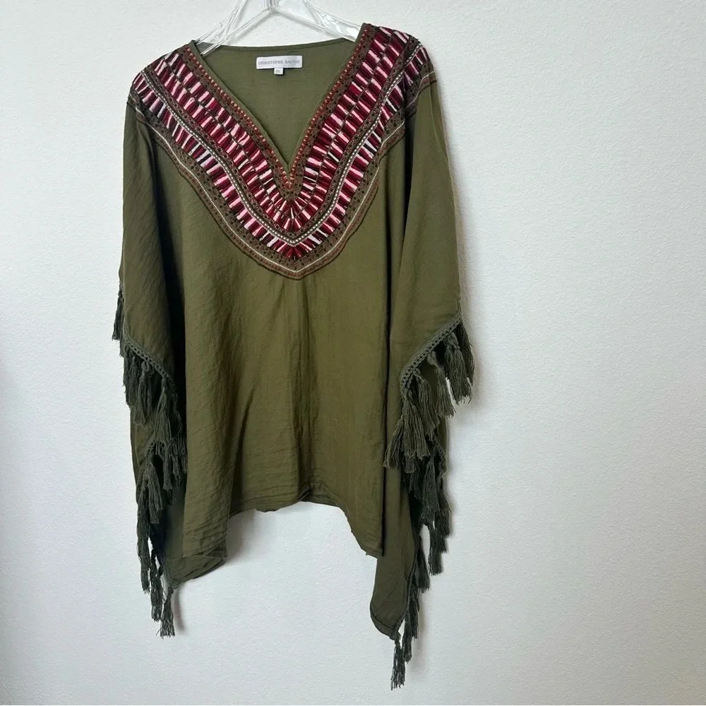 Christophe Sauvat Annie Boho Embroidered‎ Green Poncho With Fringe OS - Picture 3 of 6
